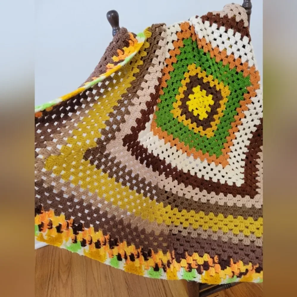 Handmade Crochet Granny Square Afghan Throw Blanket Earthy‎ Greens & Browns Fall